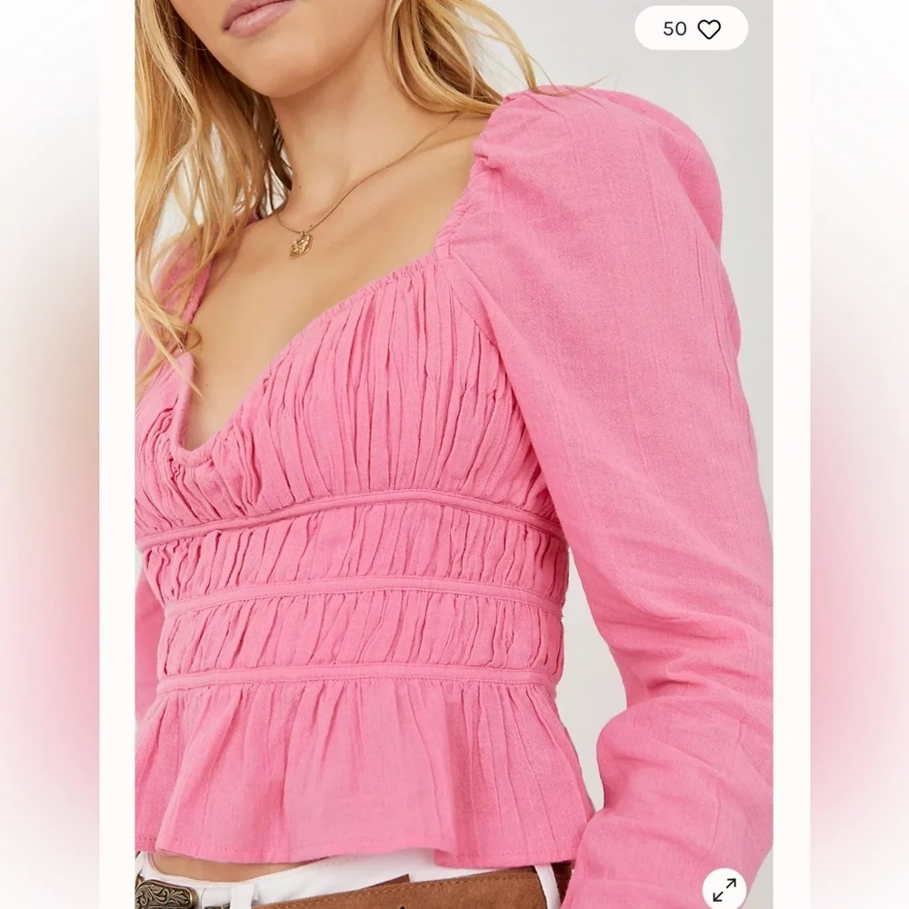 Free People Pink Long Sleeve Smocked Crop Blouse Chloe coquette sweetheart